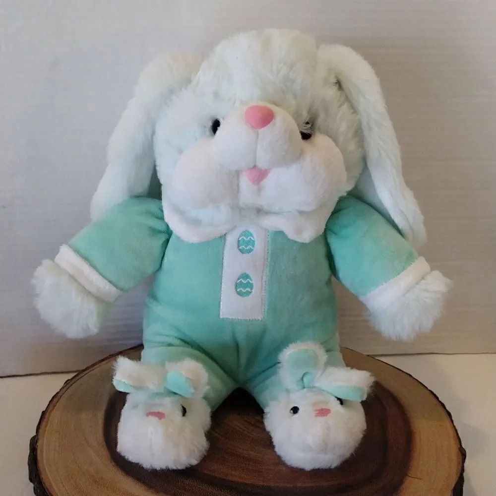 Dan Dee 00s Mint Green Bunny in PJs & Bunny Slippers Plushie NWT Deadstock